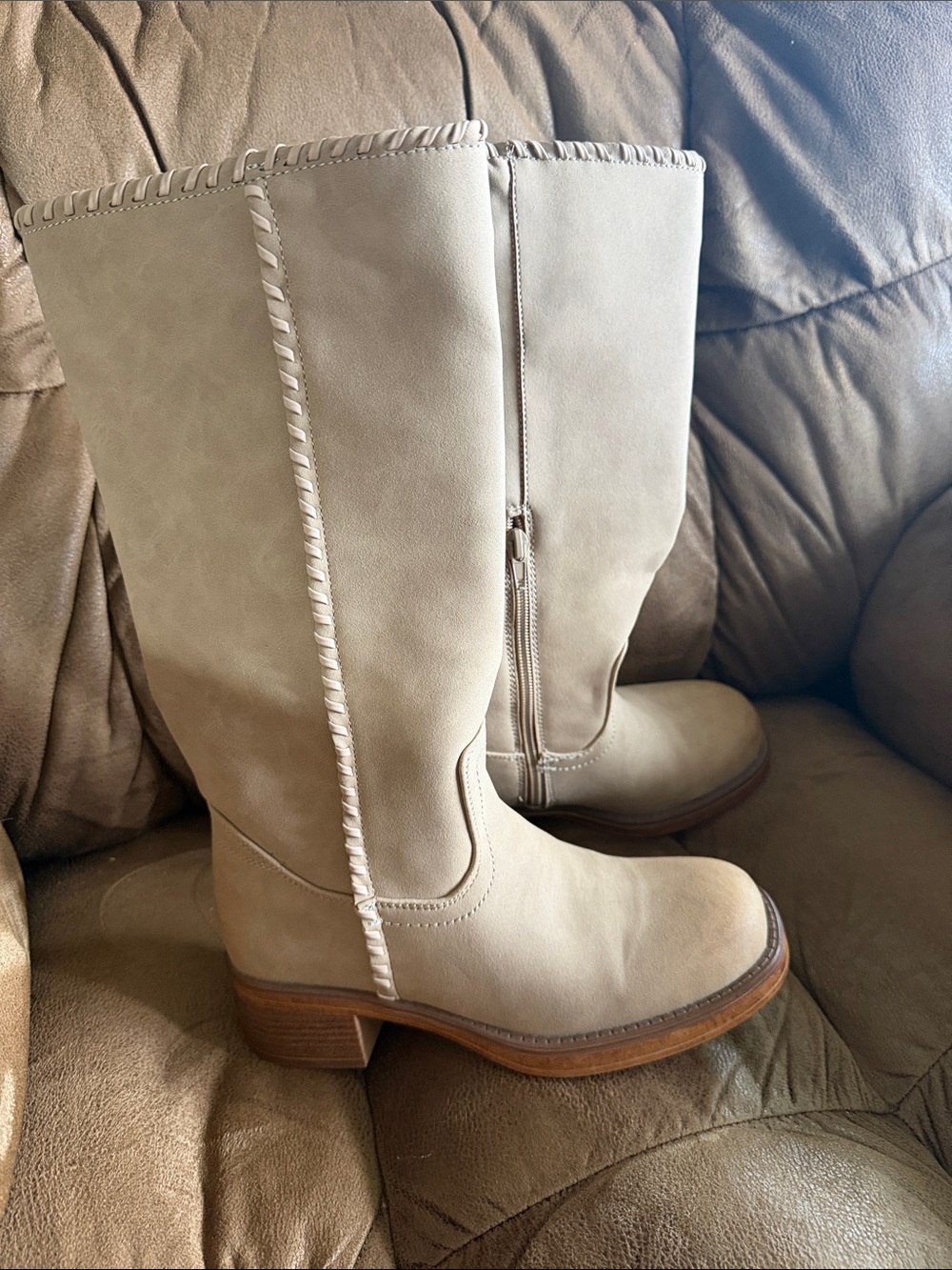 NYC Women’s Cream Mid-Calf Wide Leather Boots Side Zip
